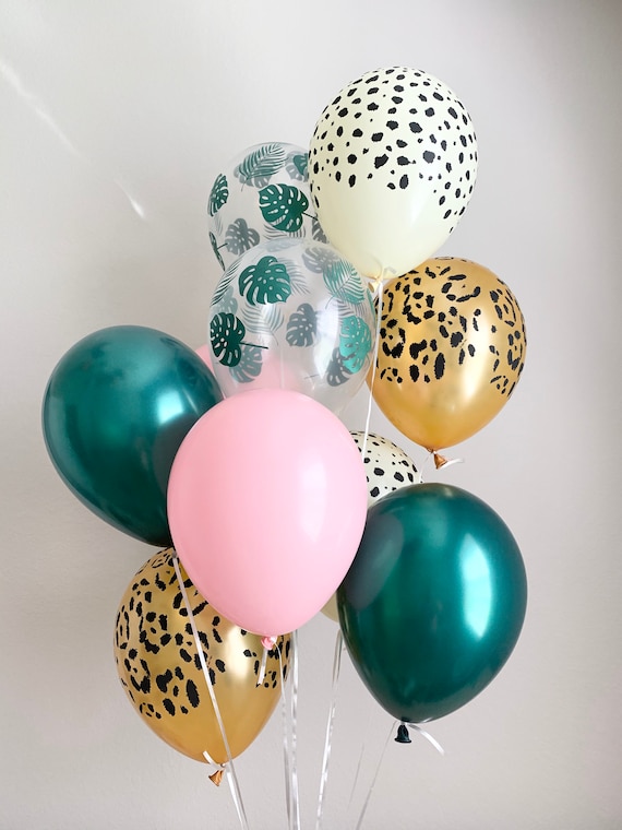 Palm Leaf Cheetah Leopard Forest Green Pink Balloons Animal Print Balloons Wild One Safari Party Tropical Party Jungle Party Bachelorette Il_570xn