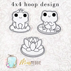 May include: Three black and white embroidery designs for a 4x4 hoop. The designs include a frog wearing a crown, a frog sitting on a lily pad, and a lily pad with a flower.