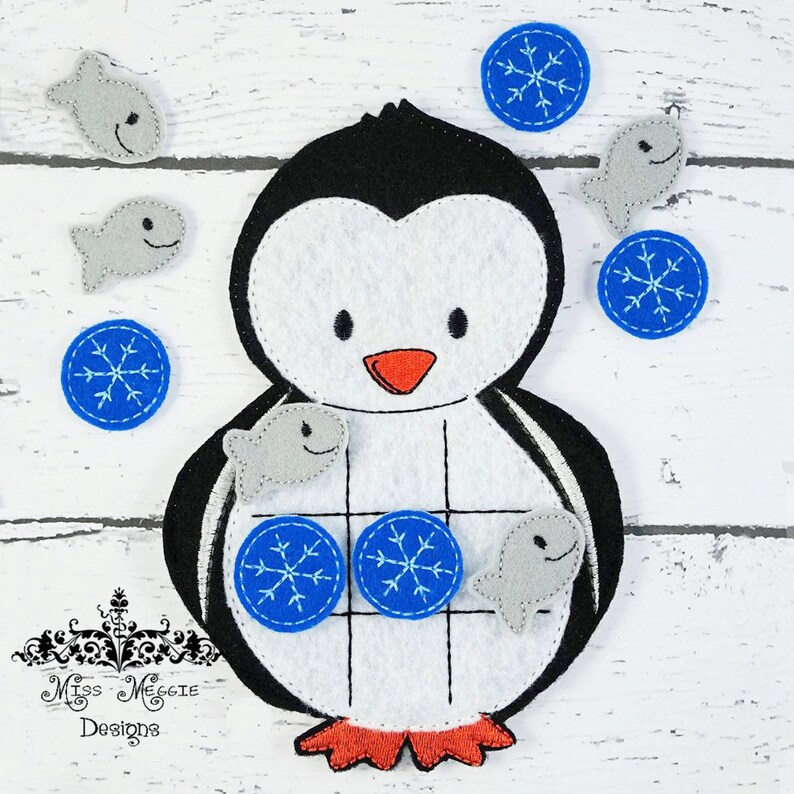 Winter Artic Penguin TTT Tic Tac Toe set Applique ITH Embroidery design file with tutorial image 1