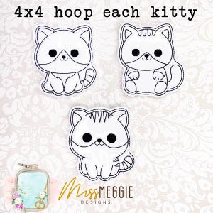May include: Three black and white outline embroidery designs of cute cartoon cats. Each design is 4x4 inches and can be used for embroidery projects.