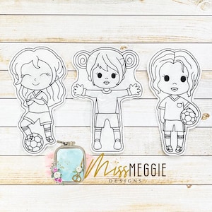 Flat Coloring dolls Soccer Girls ITH digital Embroidery designs