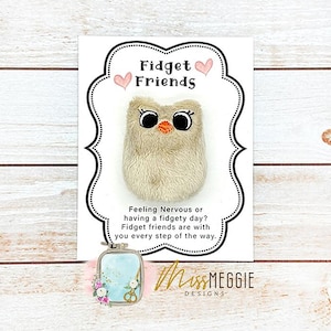 May include: A fluffy owl-shaped fidget toy on a white card with the text "Fidget Friends." The card has a decorative border and text that reads "Feeling Nervous or having a fidgety day? Fidget friends are with you every step of the way."