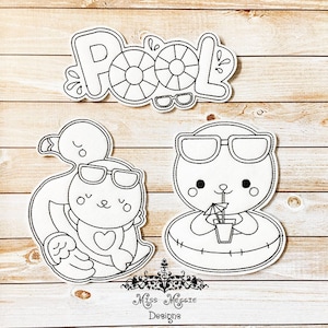 May include: Black and white line art design of a pool float, a seal wearing sunglasses and a flamingo with a seal riding on its back. The text "Pool" is written in a whimsical font.