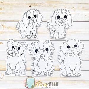 Puede incluir: Cinco dibujos en blanco y negro de diferentes razas de perros. Los perros están todos de frente y tienen la lengua fuera. Las razas incluyen un bulldog, un labrador, un chihuahua y dos spaniels.