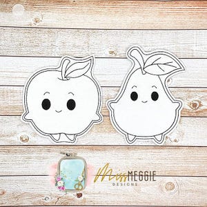 May include: Two white, cartoon-style fruit patches: an apple and a pear. Each has a smiling face, small legs, and a leaf. The apple and pear are outlined in black. The background is a light brown wood grain.