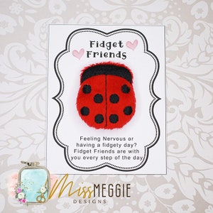 Può includere: Un biglietto bianco con il testo "Fidget Friends" e una coccinella rossa con punti neri. Il biglietto dice "Feeling Nervous or having a fidgety day? Fidget Friends are with you every step of the day." Il biglietto è firmato "MissMEGGIE DESIGNS".
