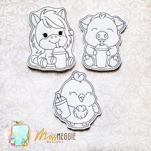 Flat Coloring dolls Farm Animals with drinks set ITH digital Embroidery designs