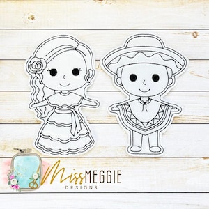 Flat Coloring dolls People of the world Mexican boy and girl Set ITH digital Embroidery designs