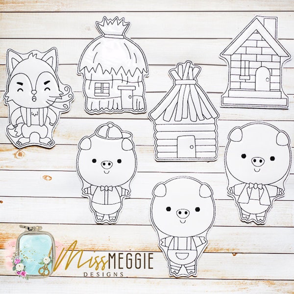 Flat Coloring dolls story, three little pigs ITH digital Embroidery designs
