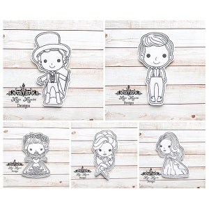 May include: Five black and white line drawings of cartoon characters. The characters are a boy in a top hat, a boy in a suit, a girl with a crown, a girl with a crown and a girl with long hair.