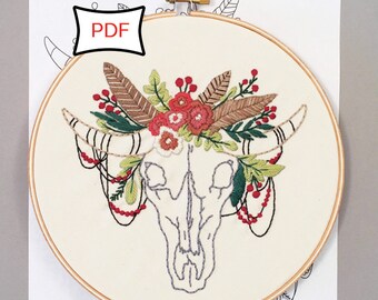 Desert Dreams • Floral Cow Skull Embroidery Pattern • PDF Download