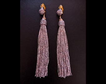 Clip-On Earrings: Long Drop Mauve Tassel Clip On Earrings, Crystal Beads, Gold Plated Clips, Modern Earrings, Tassel Clip-On Earrings, 838