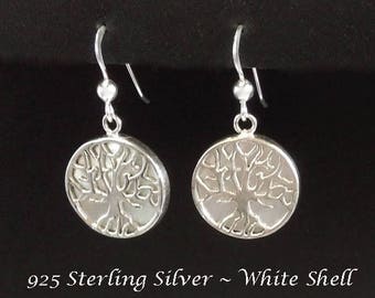 Silver Earrings: Gorgeous 925 Sterling Silver Dangle Tree of Life Earrings with Silver Tree and White Shell inlay | Silver Drop Earrings 291