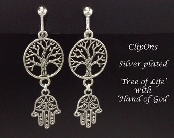 Fashion Clip On Earrings: Silver Plated Costume Earrings Hand of God and Tree of Life | Fashion Earrings, Drop Earrings, Clipon Earrings 312