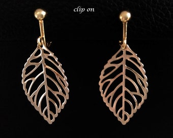 Clip On Earrings: Leaf Design Costume Clip-On Earrings, Gold Plated, Classy | Fashion Earrings, Long Drop Earrings, Clip Earrings, 471