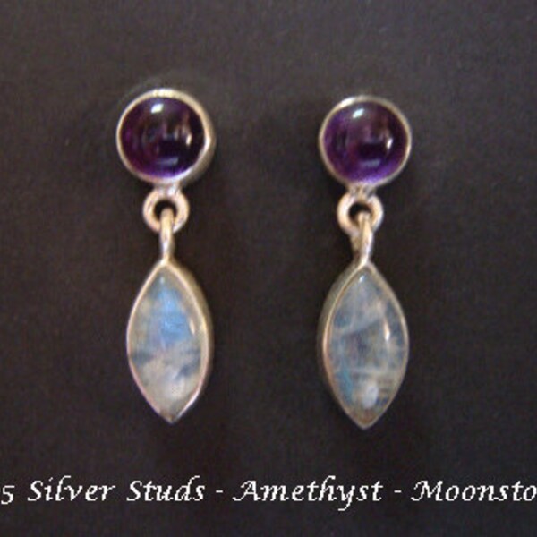 Stud Earrings: Sterling Silver Stud Earrings with Amethyst Gemstones and Moonstone Gemstones in these Stud Earrings, Silver Earrings 029