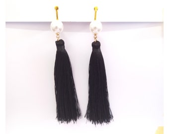 Clip On Earrings: Black Tassel Clip-On Earrings with Faux Pearl, Long Drop, Gold Plated Clips | Fashion Earring,Tassel Clip On Earrings, 839