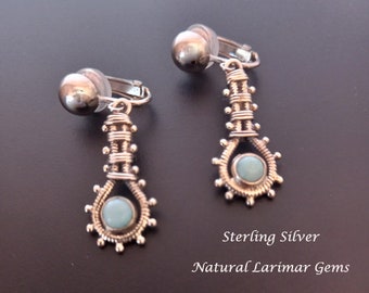 Sterling Silver Clip-On Earrings, Artisan Designer Earrings in Sterling Silver with Natural Blue Larimar Gemstones, Clip On Earrings, 827