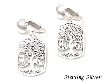 Clip On Earrings: Sterling Silver Intricate Celtic Weave Tree of Life Design on Silver Clips, Gift Idea 683