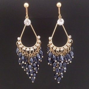 Clip On Earrings, Gold Chandelier Clip On Earrings, Night Blue Crystals | Fashion Earrings, Chandelier Earrings, Bridal, Wedding, 629
