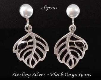 Clip On Earrings: Black Onyx Gemstones in Leaf Design Sterling Silver Clip On Earrings | Gifts for Women, Gifts for Mother, Gift Idea 229