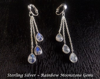 Clip on Earrings: Sterling Silver Dangle Earrings Rainbow Moonstone Gemstones on Fine Silver Chain, One of a Kind, Earrings 795 *Unique*