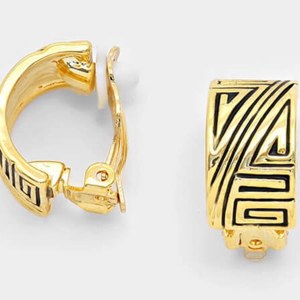 Clip-On Earrings: Inca Design Gold Clip On Earrings, Half Hoop Gold Clip On Earrings, Modern Clip On Earrings, Fashion Clip-On Earrings