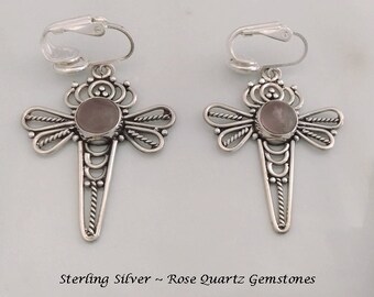 Clip On Earrings: Fabulous Dragonyfly Sterling Silver Earrings with Rose Quartz Gemstones | Clip-On Earrings, Clip, Non-Pierced, Dangle, 577