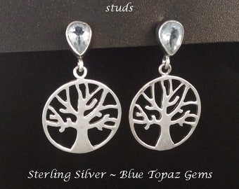 Stud Earrings: Celtic Tree of Life below Blue Topaz Gemstones on Sterling Silver Stud Earrings | Studs, Silver Earrings, Jewelry, Gift, 434