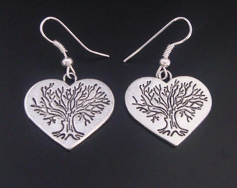 Drop Earrings: Heart shape Tree of Life Earrings in a Polished Silver Plated Finish with a Stamped Spreading Tree  | Dangle Earrings TOLE054