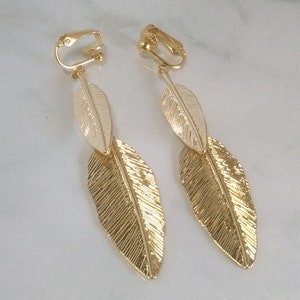 Clip On Earrings: Clip-on Earrings Gold Plated Beautiful Feather Design Fashion Earrings, Long Drop Earrings, Gold Clip On Earrings 474 image 2