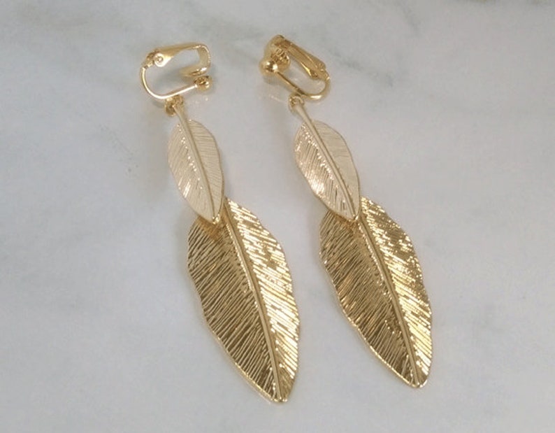 Clip On Earrings: Clip-on Earrings Gold Plated Beautiful Feather Design Fashion Earrings, Long Drop Earrings, Gold Clip On Earrings 474 image 2