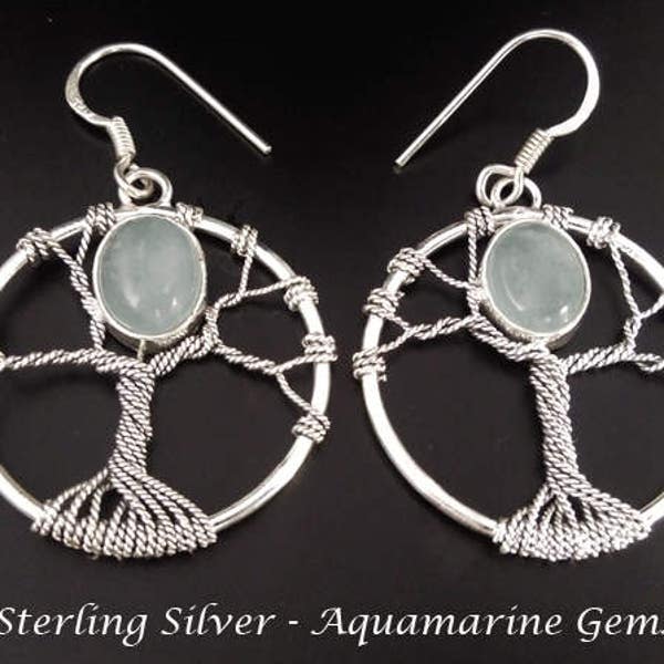 Silver Earrings: Aquamarine Gems in Tree of Life Sterling Silver Earrings | Drop Earrings, Dangle Earrings, Gifts for Women, Gift Idea 200