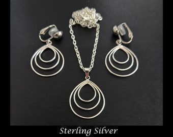 Sterling Silver Clip-On Earrings and Necklace Set: 3 Teardrop Rings in Dangle Earrings and Matching Necklace Pendant & Silver Chain, 538SET