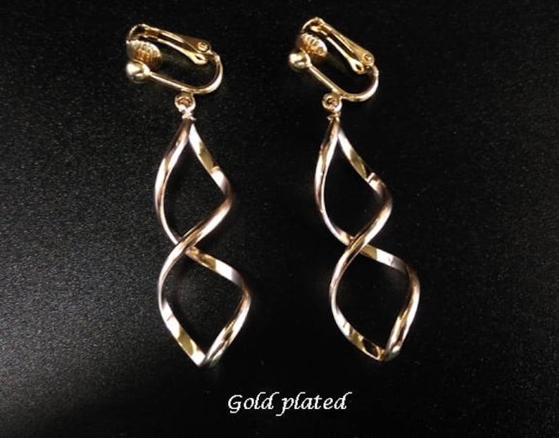 Clip On Earrings: Beautiful Gold Plated Twist Design Costume Clip-on Earrings Fashion Earrings, Long Drop Earrings, Clip Earrings 295 image 2