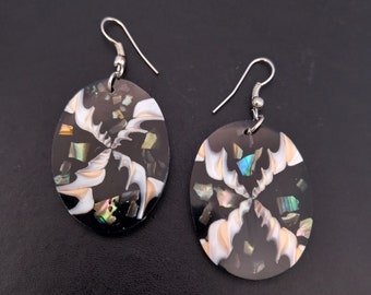 Modern Drop Earrings, Modern Earrings Patterned Oval Shape Disc, Black with Fabulous Colors with Flecks of Abalone Shell , Earrings 501