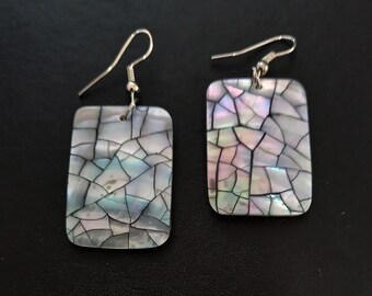 Modern Drop Earrings, Modern Acrylic Dangle Earrings Featuring Mother of Pearl in a Mosaic Pattern, Dangle Earrings Silver Earrings, 520