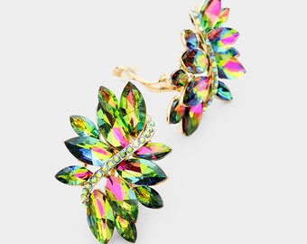 Clip-On Earrings, Large Clip On Marquise Crystals Earrings | Clip-On Glamorous Earrings, Gold Clip-On Earrings, Earrings for Women MAR404