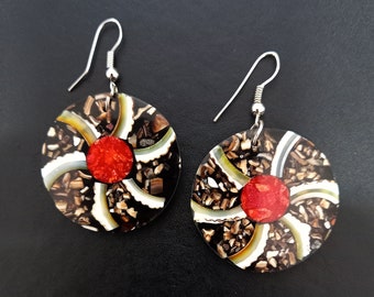 Modern Drop Earrings, Acrylic Disc Dangle Earrings, with White and Brown Color Tones with a Red Central Disc, Dangle or Drop Earrings, 515