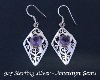 Silver Earrings 007: Sterling Silver Earrings with Brilliant Amethyst Gemstones in Ornately Crafted Stunning Drop Earrings | Silver Earrings