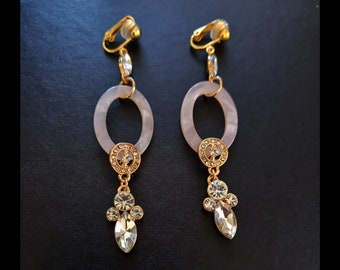 Clip-On Earrings, Fabulous Classy Gold Clip On Drop Earrings with Dazzling Crystals and Marble Effect, Long Drop Dangle Clip-On Earrings 833