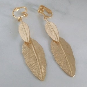 Clip On Earrings: Clip-on Earrings Gold Plated Beautiful Feather Design Fashion Earrings, Long Drop Earrings, Gold Clip On Earrings 474 image 3