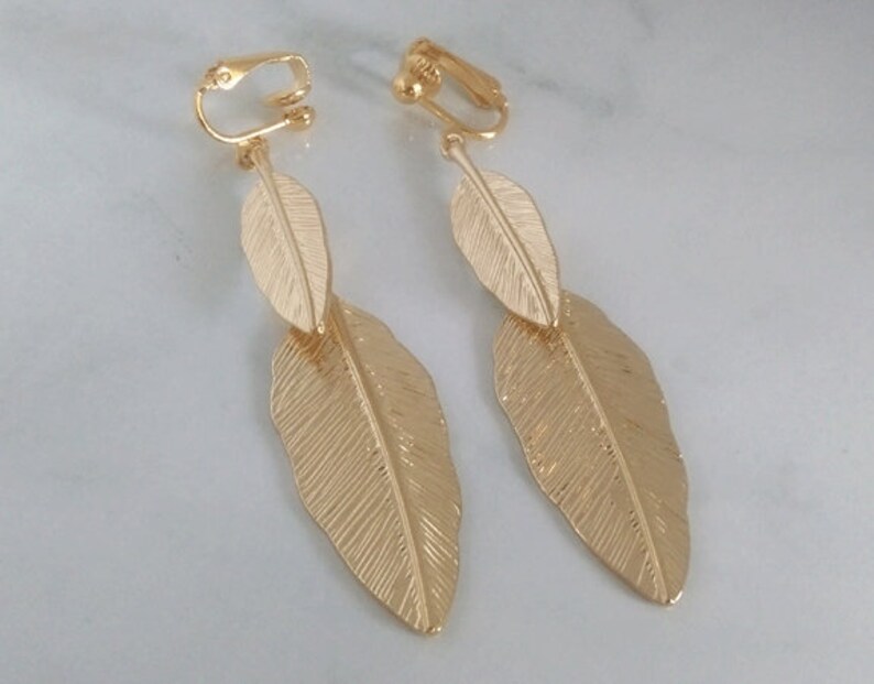 Clip On Earrings: Clip-on Earrings Gold Plated Beautiful Feather Design Fashion Earrings, Long Drop Earrings, Gold Clip On Earrings 474 image 3