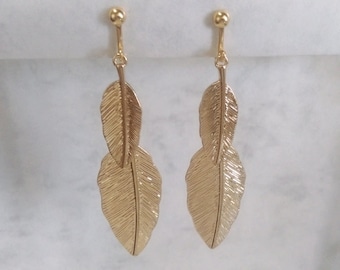 Clip On Earrings: Clip-on Earrings Gold Plated Beautiful Feather Design | Fashion Earrings, Long Drop Earrings, Gold Clip On Earrings 474