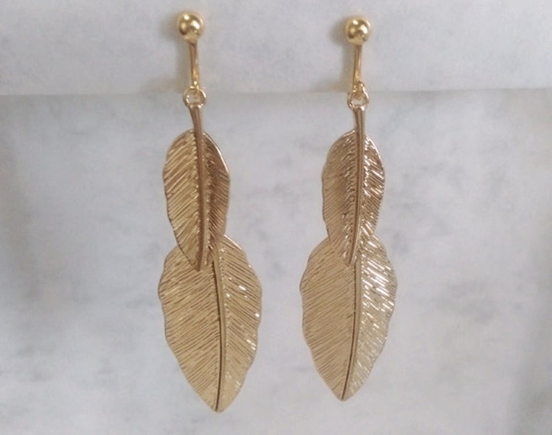 Clip On Earrings: Clip-on Earrings Gold Plated Beautiful Feather Design Fashion Earrings, Long Drop Earrings, Gold Clip On Earrings 474 image 1