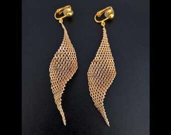 Clip-On Earrings: Glamorous Gold Link Chain Mesh Long Drop Clip-On Earrings, Statement Earrings, Gold Dangle Clip On Earrings, 835