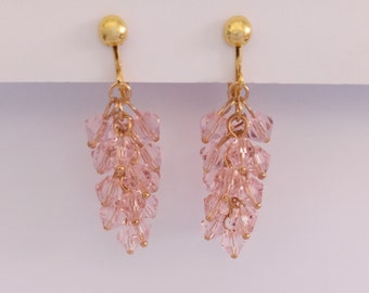 Clip On Earrings, Gold Clip On Earrings with Pink Crystals, Long Drop Fashion Clip-on Earrings, Dangle Clip-On Earrings, Dangle Earrings,834