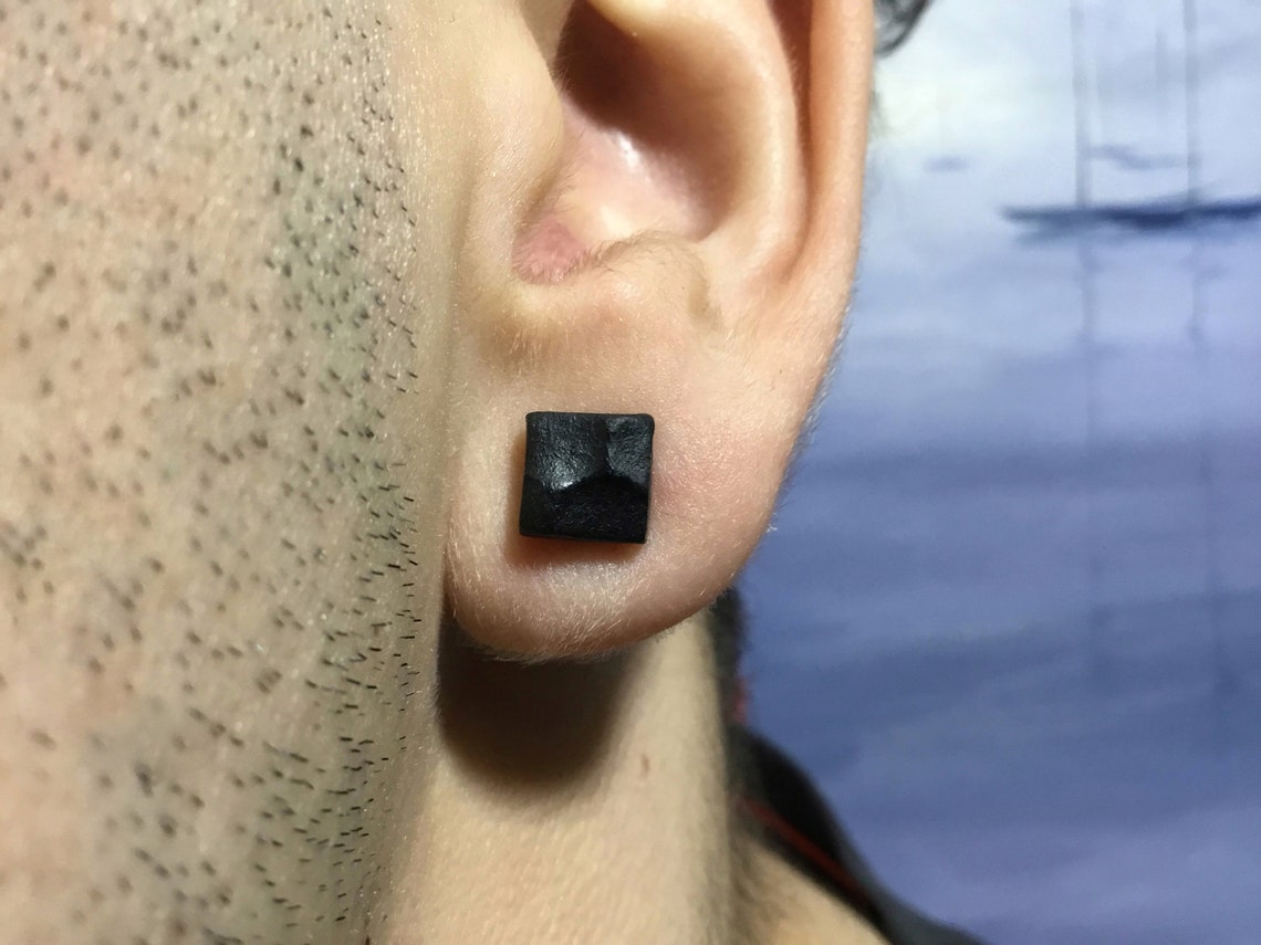 Men black earring Small square earrings for boyfriend Textured Etsy