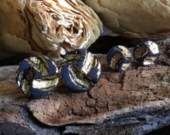 Golden spiral studs Mens earrings Black and gold one stud Circle single earring unisex Boyfriend birthday Girlfriend gift Clay earrings guy