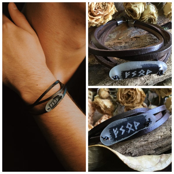 Men’s Vikings bracelet Celtic lucky runes gift Unique gift for viking lovers Brown leather bangle Three stripes armband for husband birthday